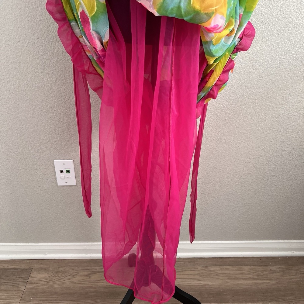 Vintage Jenelle of California Gown Belted Ruffles Floral Lined Colorful Nylon - Picture 11 of 14